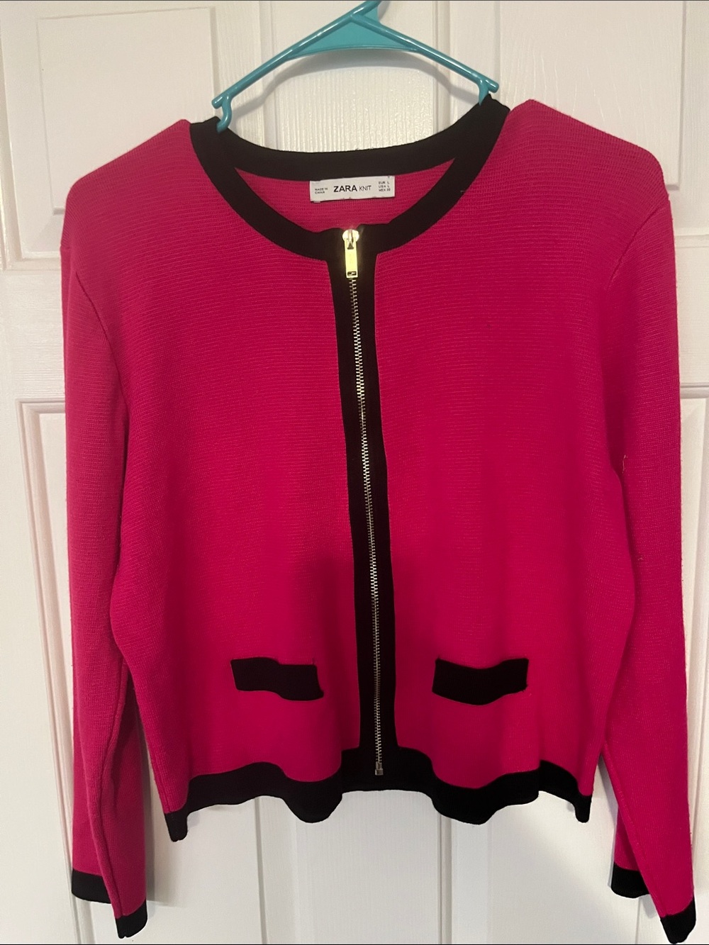 Zara Hot Pink Zip-Front Knit Jacket with Black Trim